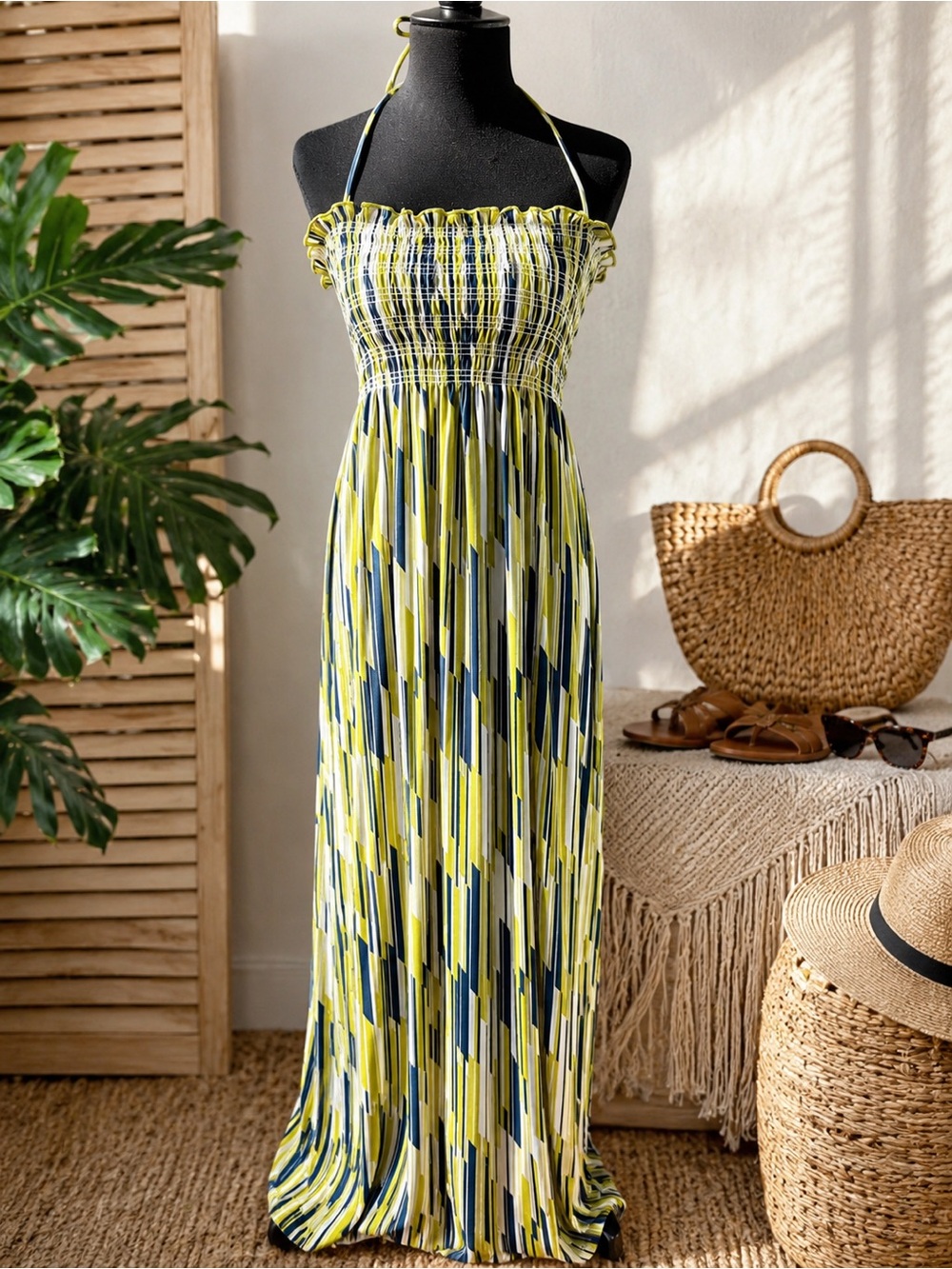 Jordan Taylor Swim Cover Up Maxi Dress Smocked Halter Resort Blue Green Size L